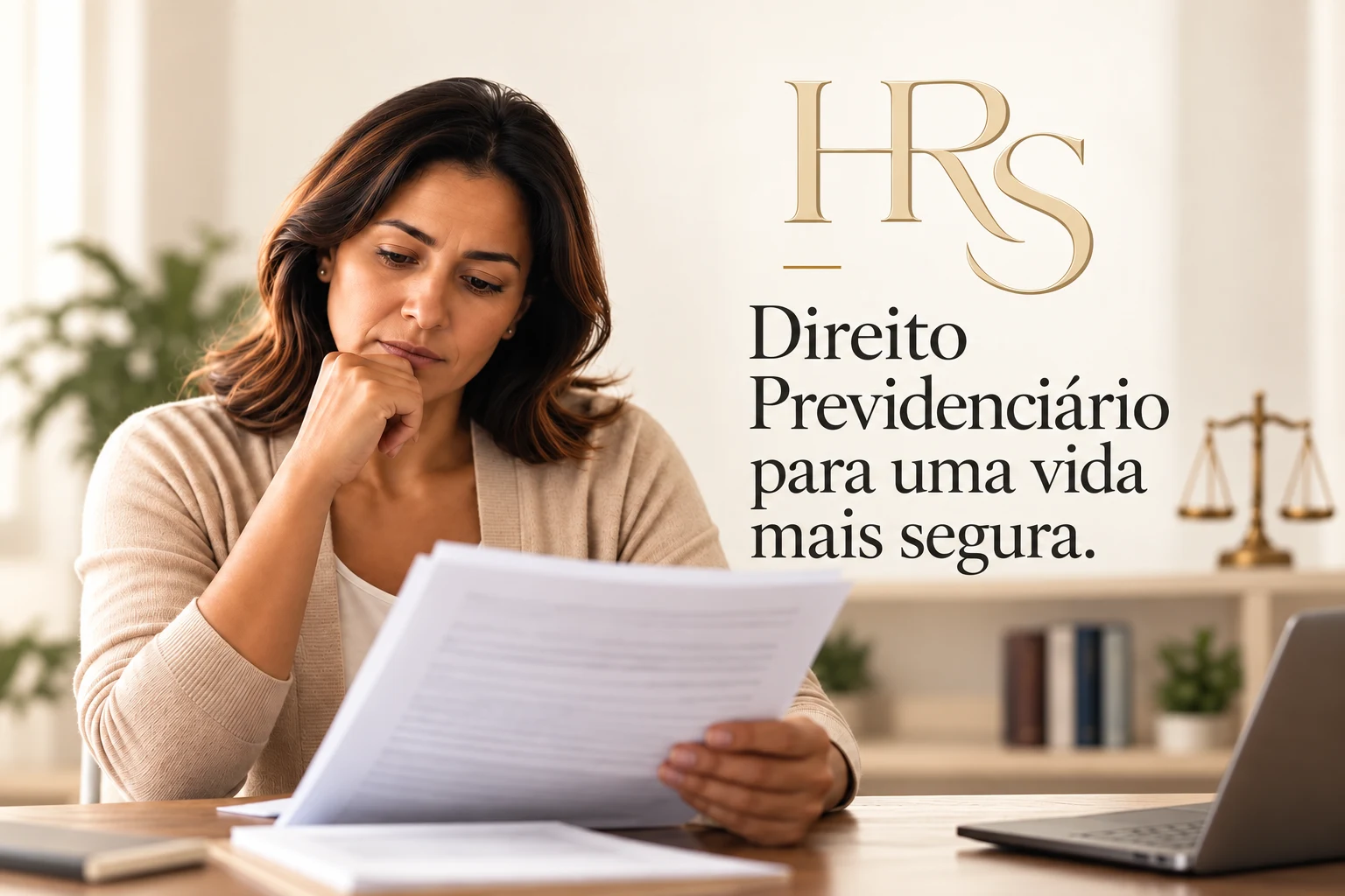 Mulher analisando documentos relacionados a um benefício previdenciário