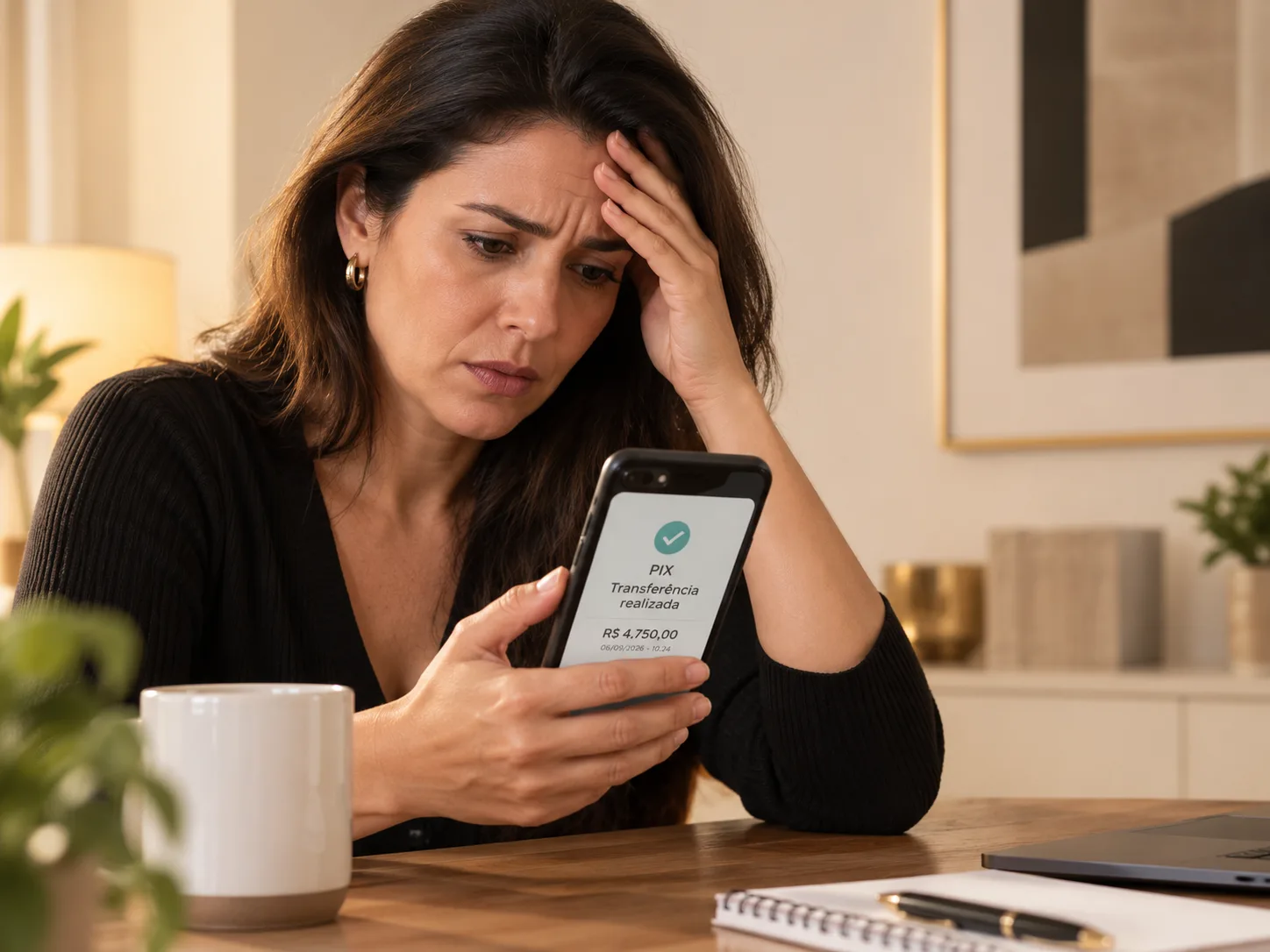 Pessoa preocupada ao verificar uma transferência via PIX no celular